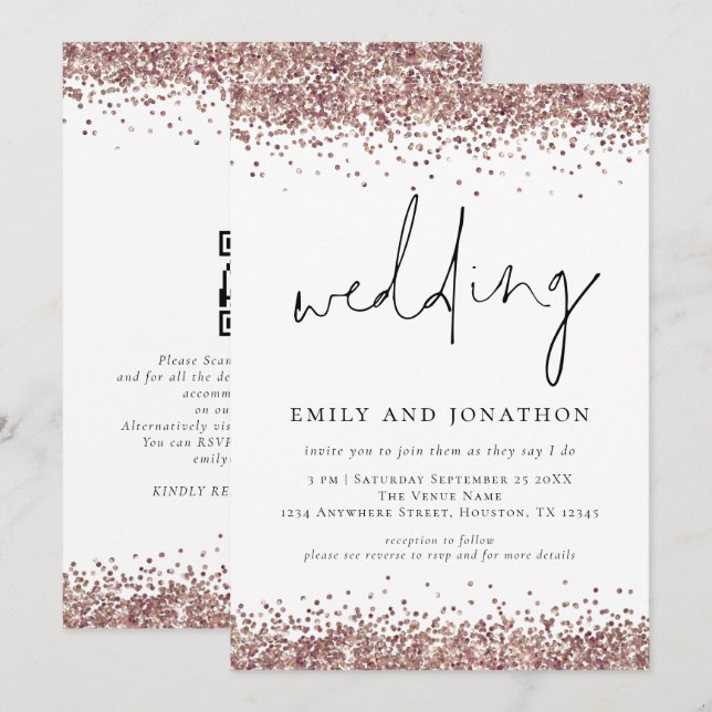 Convite Código QR de casamento brilhante em rosa dourado n (Frente/Verso)