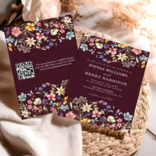 Convite Código QR de Casamento Burgundy Rústico de Flor Si