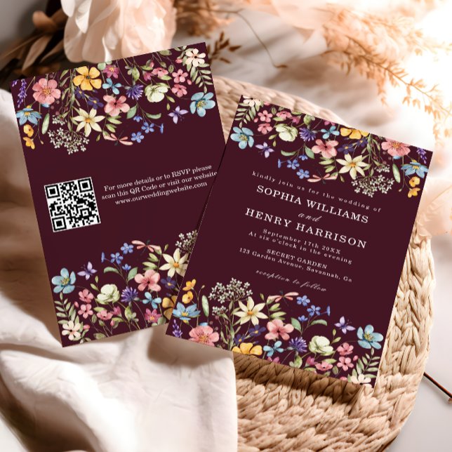 Convite Código QR de Casamento Burgundy Rústico de Flor Si (Criador carregado)