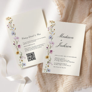 Convite Código QR de Casamento Caligrafia Flores Silvestre