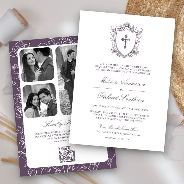 Convite Código QR de Casamento Católico Roxo Empoeirado Vi (Criador carregado)
