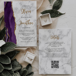 Convite Código QR de Casamento com Ágata em Mármore Dourad