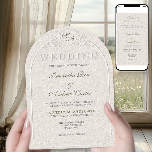 Convite Código QR de Casamento com Arco de Monograma Embut (Criador carregado)