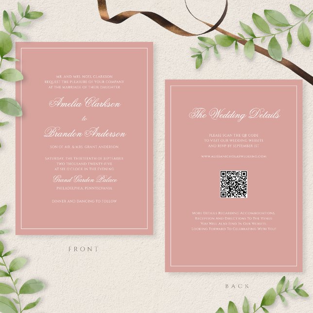 Convite Código QR de Casamento com Borda Dusty Rose em Scr (Criador carregado)