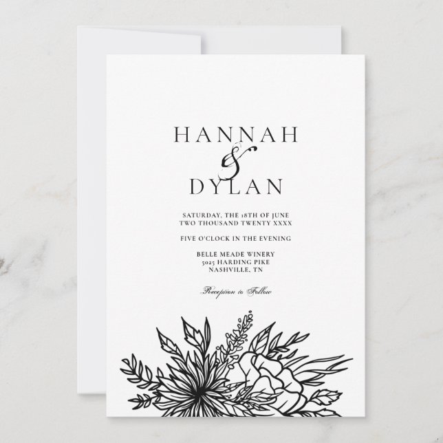 Convite Código QR de Casamento com Bouquet Botânico Desenh (Frente)