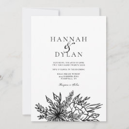 Convite Código QR de Casamento com Bouquet Botânico Desenh