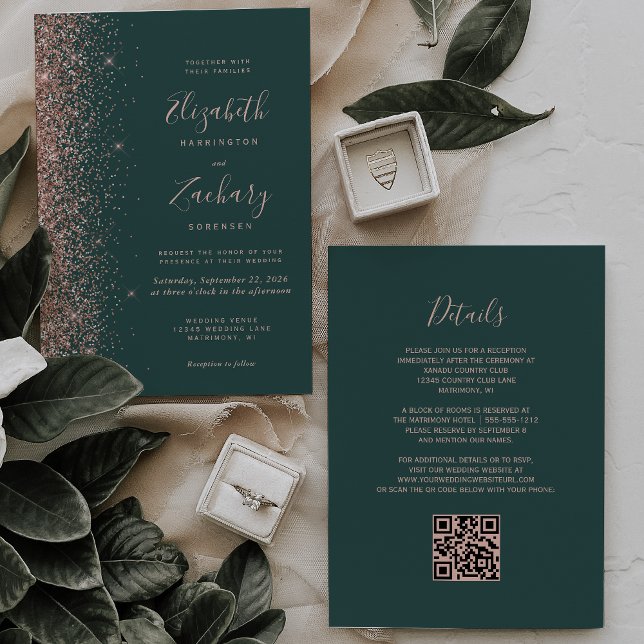 Convite Código QR de casamento com brilho dourado rosa ver (Criador carregado)