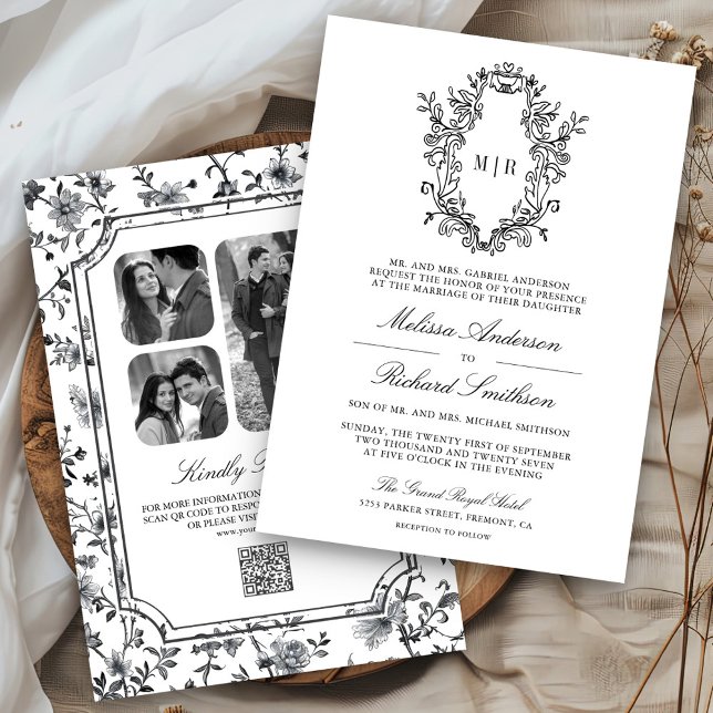 Convite Código QR de casamento com crista em Chinoiserie p (Criador carregado)