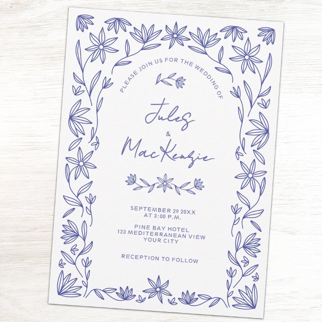 Convite Código QR de Casamento com Flor Silvestre Azul do  (Mediterranean floral blue and white QR code wedding invitaiton)