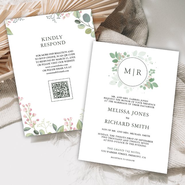 Convite Código QR de casamento com folhagem de eucalipto (Criador carregado)