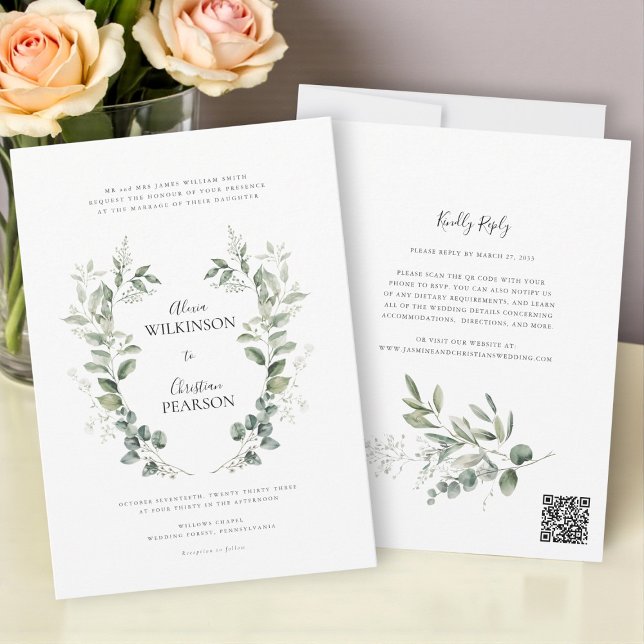 Convite Código QR de casamento com folhagem de eucalipto t (Criador carregado)