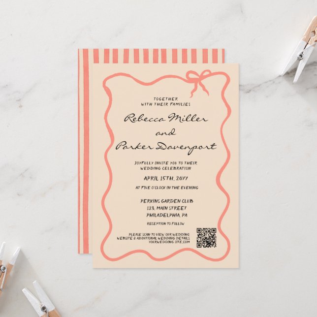 Convite Código QR de casamento com listras pintadas à mão (Frente/Verso In Situ)