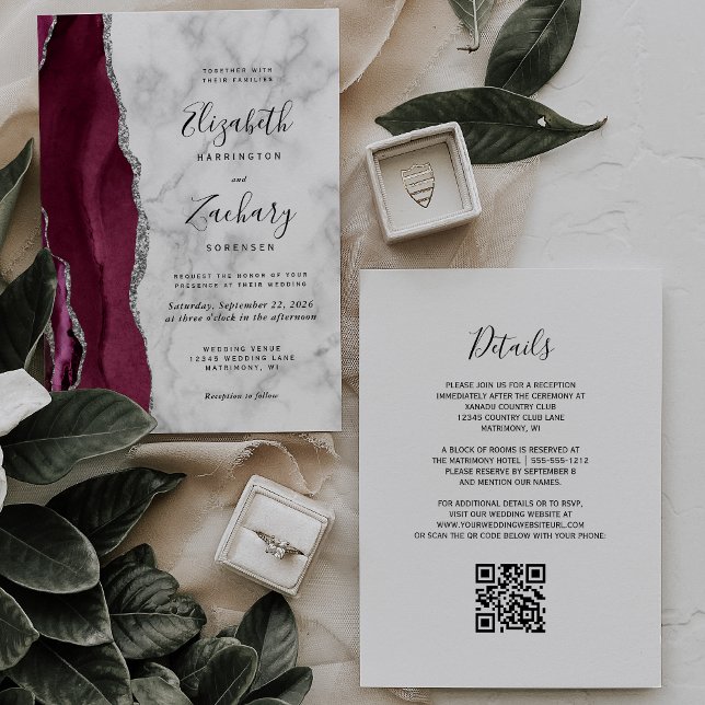 Convite Código QR de Casamento com Mármore de Ágata Pratea (Criador carregado)