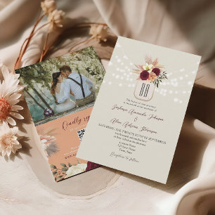 Convite Código QR de Casamento com Monograma Boho