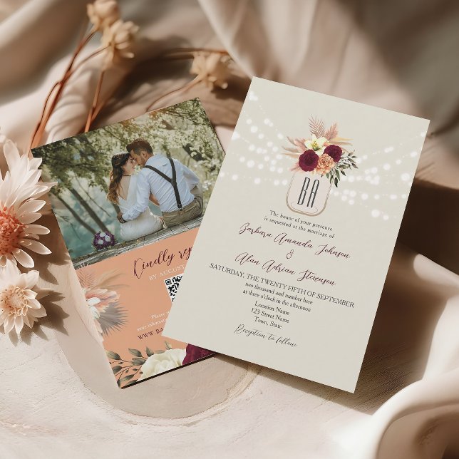 Convite Código QR de Casamento com Monograma Boho (Criador carregado)