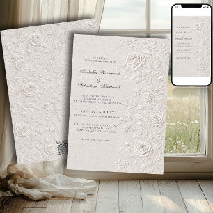 Convite Código QR de casamento com rosa em marfim falso re
