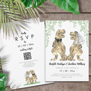 Convite Código QR de casamento com tema de dinossauro
