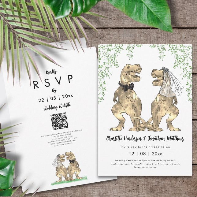 Convite Código QR de casamento com tema de dinossauro (Dinosaur themed wedding QR code invitation with funny T-Rex bride and groom and jungle foliage)
