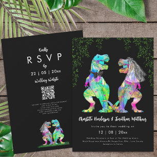 Convite Código QR de casamento com tema de dinossauro colo