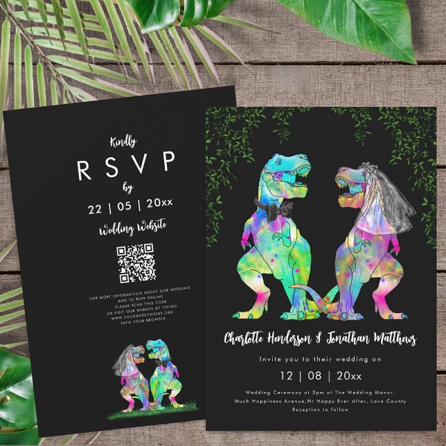 Convite Código QR de casamento com tema de dinossauro colo (Colorful T-Rex bride and groom dinosaur black white wedding qr code invitation T-Rex bride and groom)