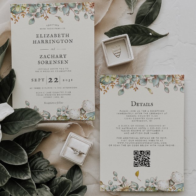 Convite Código QR de Casamento com Vegetação Rústica (Criador carregado)