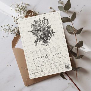 Convite Código QR de casamento cristão floral vintage simp