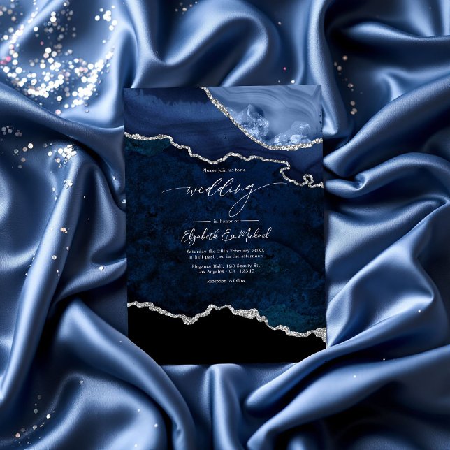 Convite Código QR de Casamento de Agato de Marinho Azul e  (Elegant Navy Blue and Silver Agate Wedding QR Code Invitation)