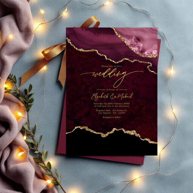 Convite Código QR de Casamento de Agato Dourado e Borgonha (Elegant Burgundy and Gold Agate Wedding QR Code Invitation)