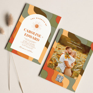 Convite Código Qr de Casamento de Boho Colorido de Onda Co