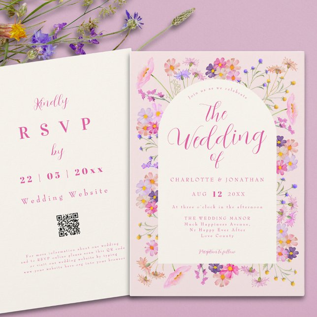 Convite Código QR de Casamento de Boho Wildflower rosa Ele (Elegant wildflower pink qr code wedding invitation )