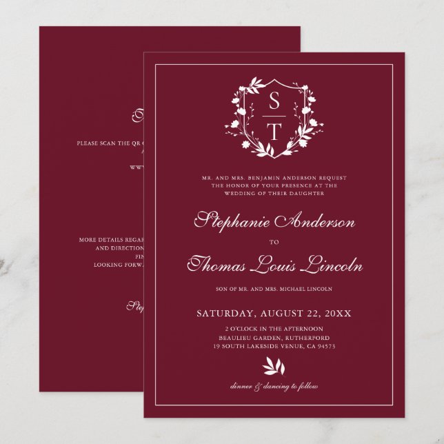 Convite Código QR de Casamento de Burgundy Crest Botânico (Frente/Verso)