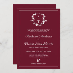 Convite Código QR de Casamento de Burgundy Crest Botânico