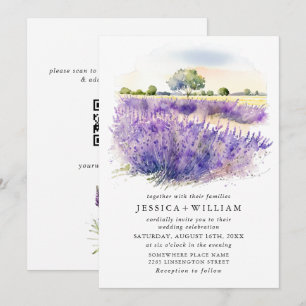 Convite Código QR de casamento de campo de flores de lavan