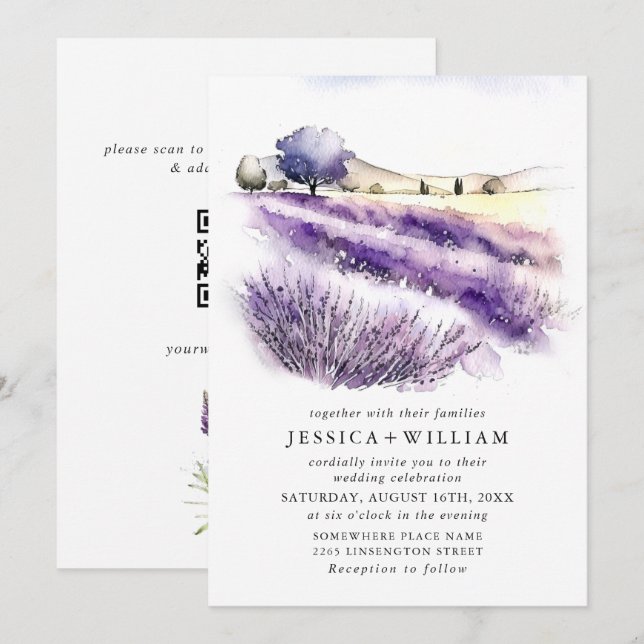 Convite Código QR de casamento de campo de flores de lavan (Frente/Verso)