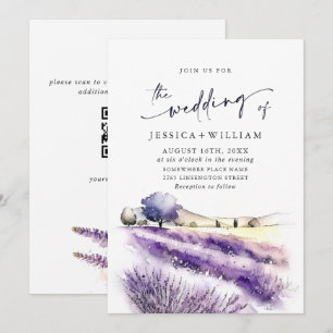Convite Código QR de casamento de campo de lavanda roxa em