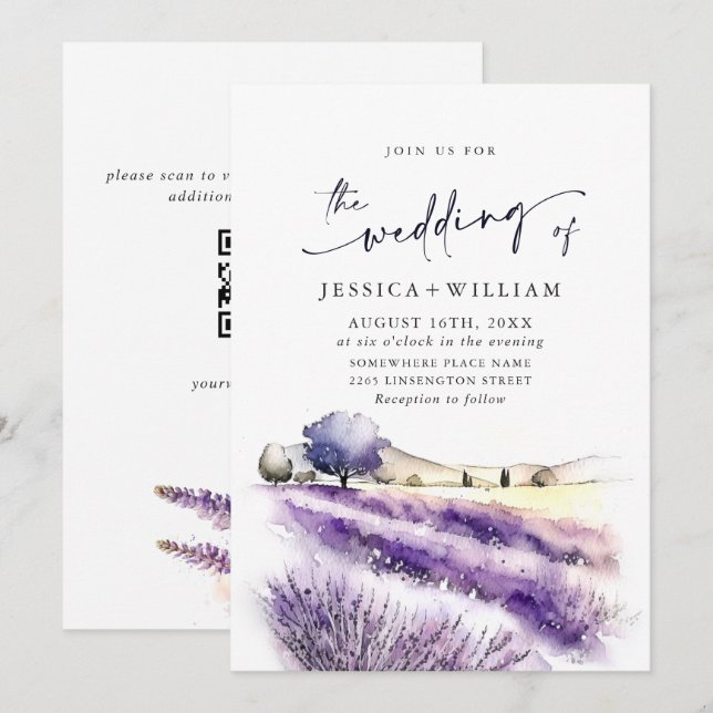 Convite Código QR de casamento de campo de lavanda roxa em (Frente/Verso)
