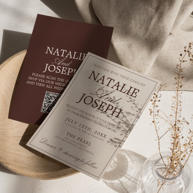 Convite Código QR de casamento de chocolate marrom antigo  (Criador carregado)