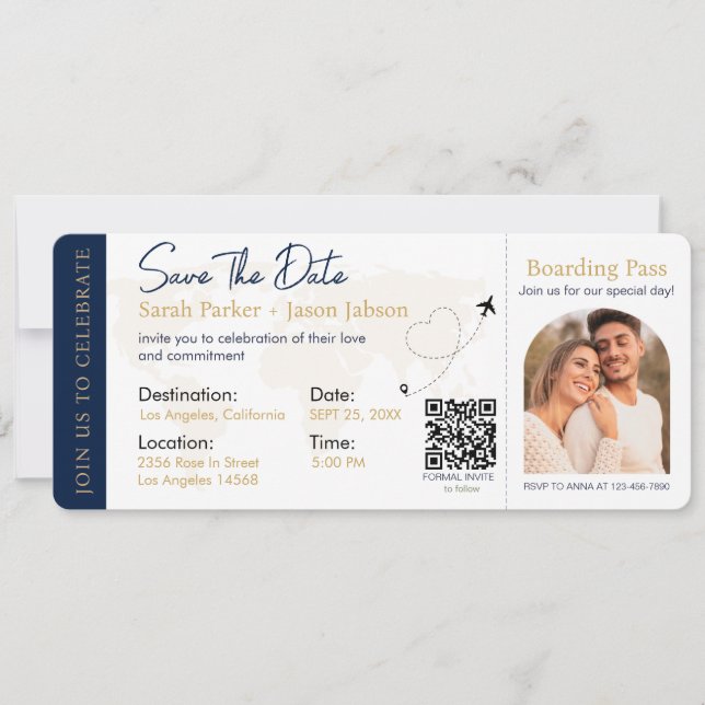 Convite Código QR de Casamento de Destino de Embarque (Frente)