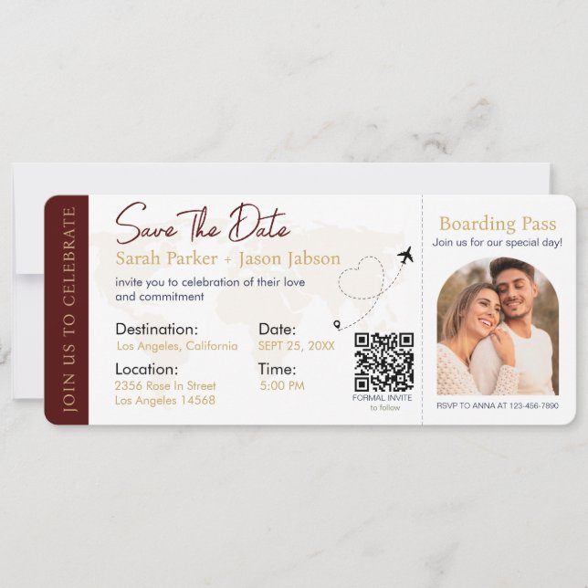 Convite Código QR de Casamento de Destino de Embarque (Frente)