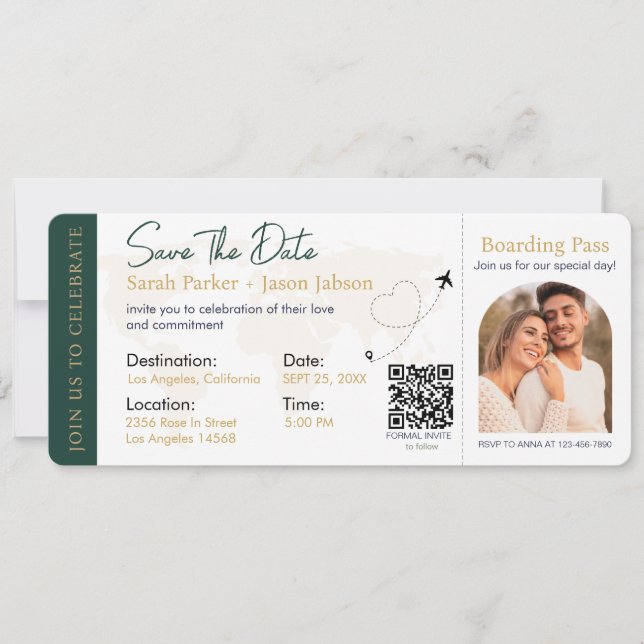 Convite Código QR de Casamento de Destino de Embarque (Frente)