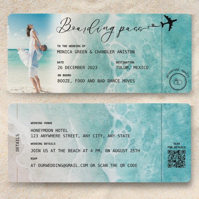 Convite Código QR de Casamento de Destino de Embarque Oceâ (QR code Wedding Invitation Boarding Pass Ocean Beach)