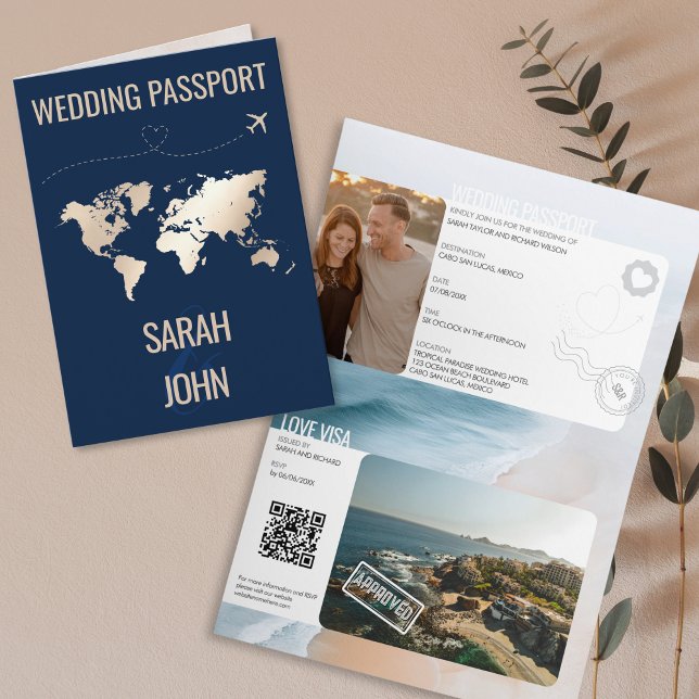 Convite Código QR de Casamento de Destino de Passaporte de (modern passport and visa wedding invitation)