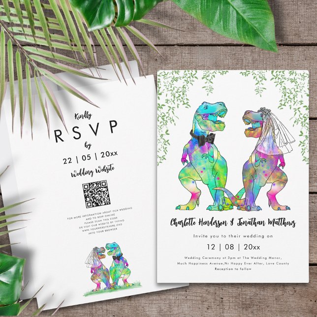 Convite Código QR de Casamento de Dinossauro (Funny dinosaur themed wedding inviation with colorful psychedelic T-Rex bride and groom jungle )