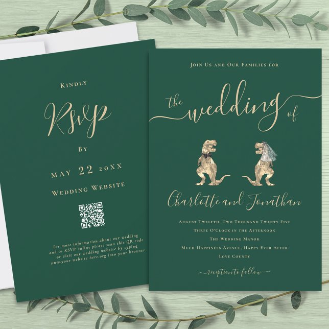 Convite Código QR de Casamento de Dinossauro (T-Rex bride and groom funny dinosaur wedding dark green qr code invitation Elegant script)