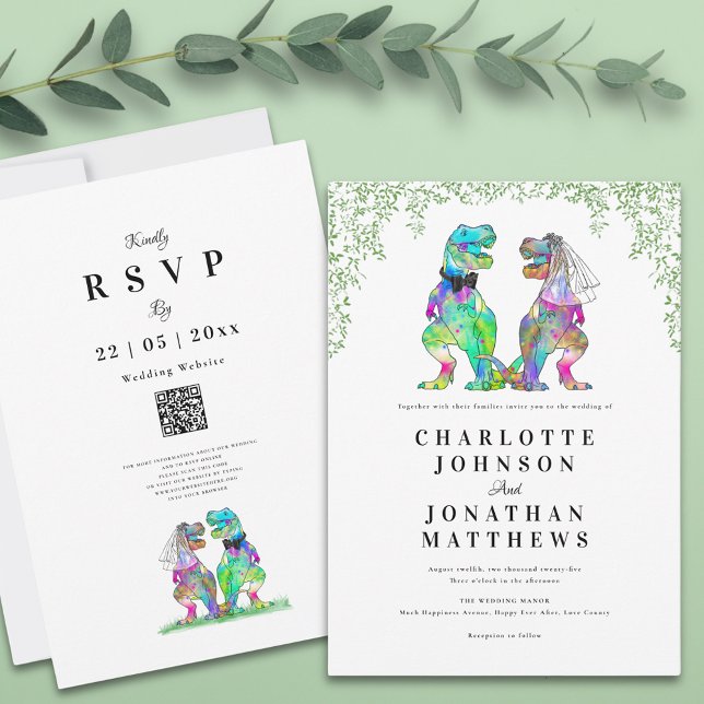 Convite Código QR de Casamento de Dinossauro (Botanical dinosaur wedding invitation with qr code and watercolor eucalyptus foliage)