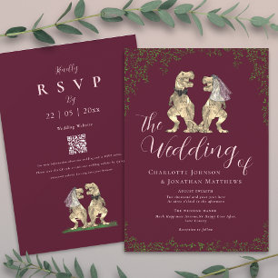 Convite Código QR de Casamento de Dinossauro Burgundy e Ro