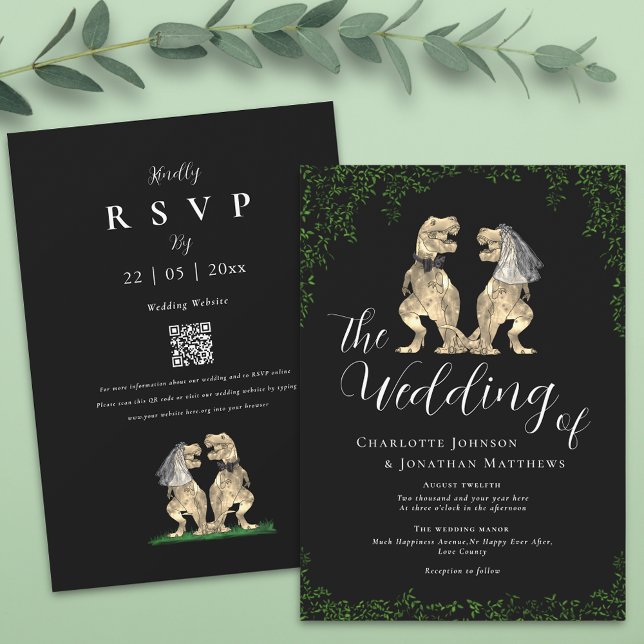 Convite Código QR de Casamento de Dinossauro Elegante Pret (T-Rex bride and groom funny dinosaur black and white wedding invitation)