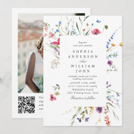 Convite Código QR de casamento de flores silvestres em aqu