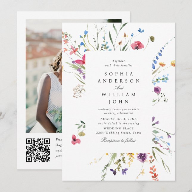 Convite Código QR de casamento de flores silvestres em aqu (Frente/Verso)