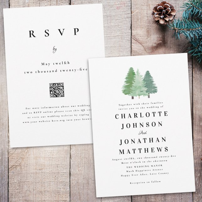 Convite Código QR de Casamento de Floresta Florestal em Fo (Modern simple watercolor woodland evergreen forest wedding qr code invitation Elegant typography )